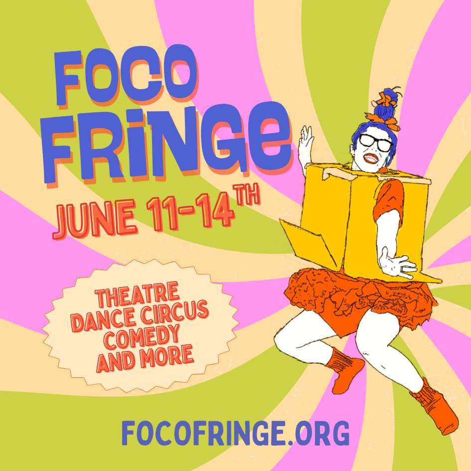 Square image with a sketch of a woman wearing a skirt and box jumping in the air and a swirl of green and pink in the background.